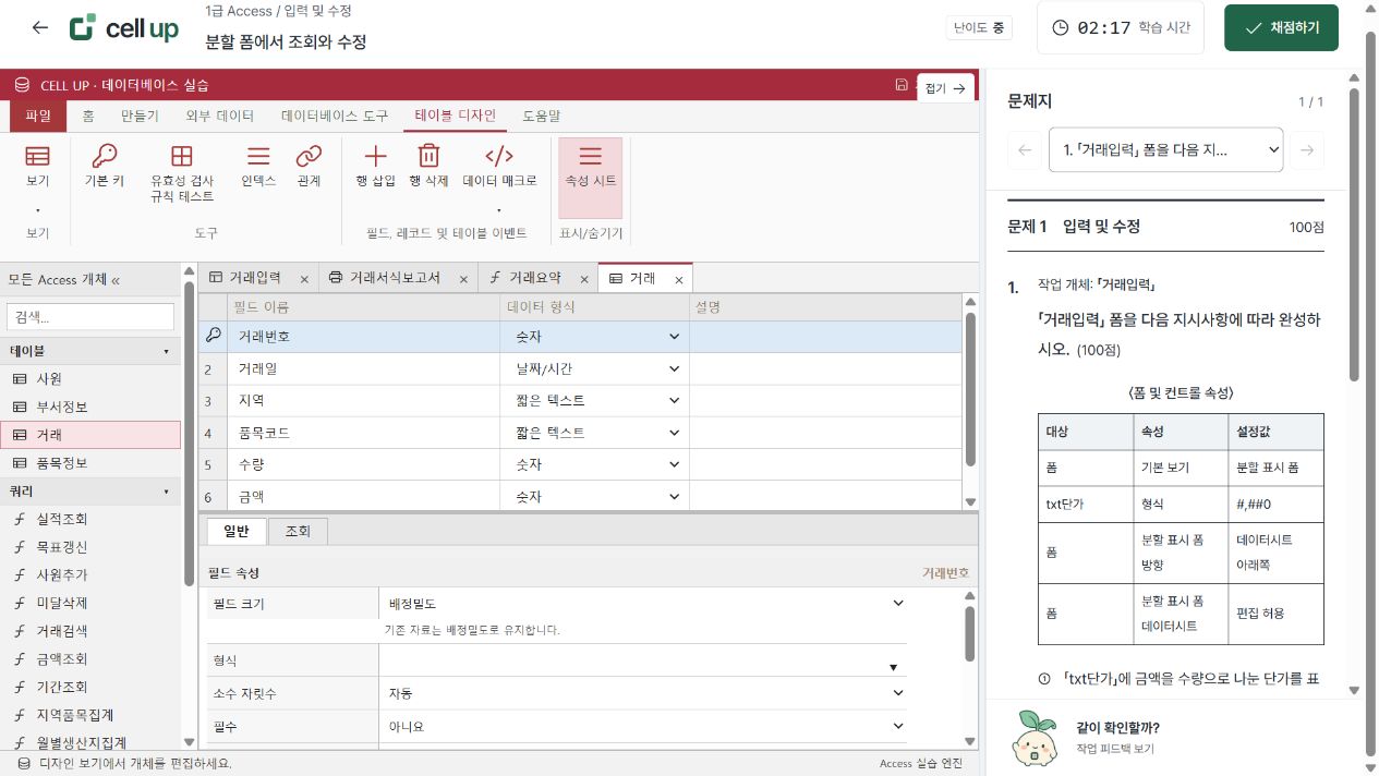 CELL UP Access 테이블 디자인과 필드 속성 화면